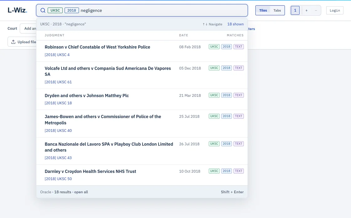 The L-Wiz search prompt with UKSC and 2018 filter blocks and the word negligence, above a list of matching Supreme Court judgments with their citations, dates and the reasons each one matched.